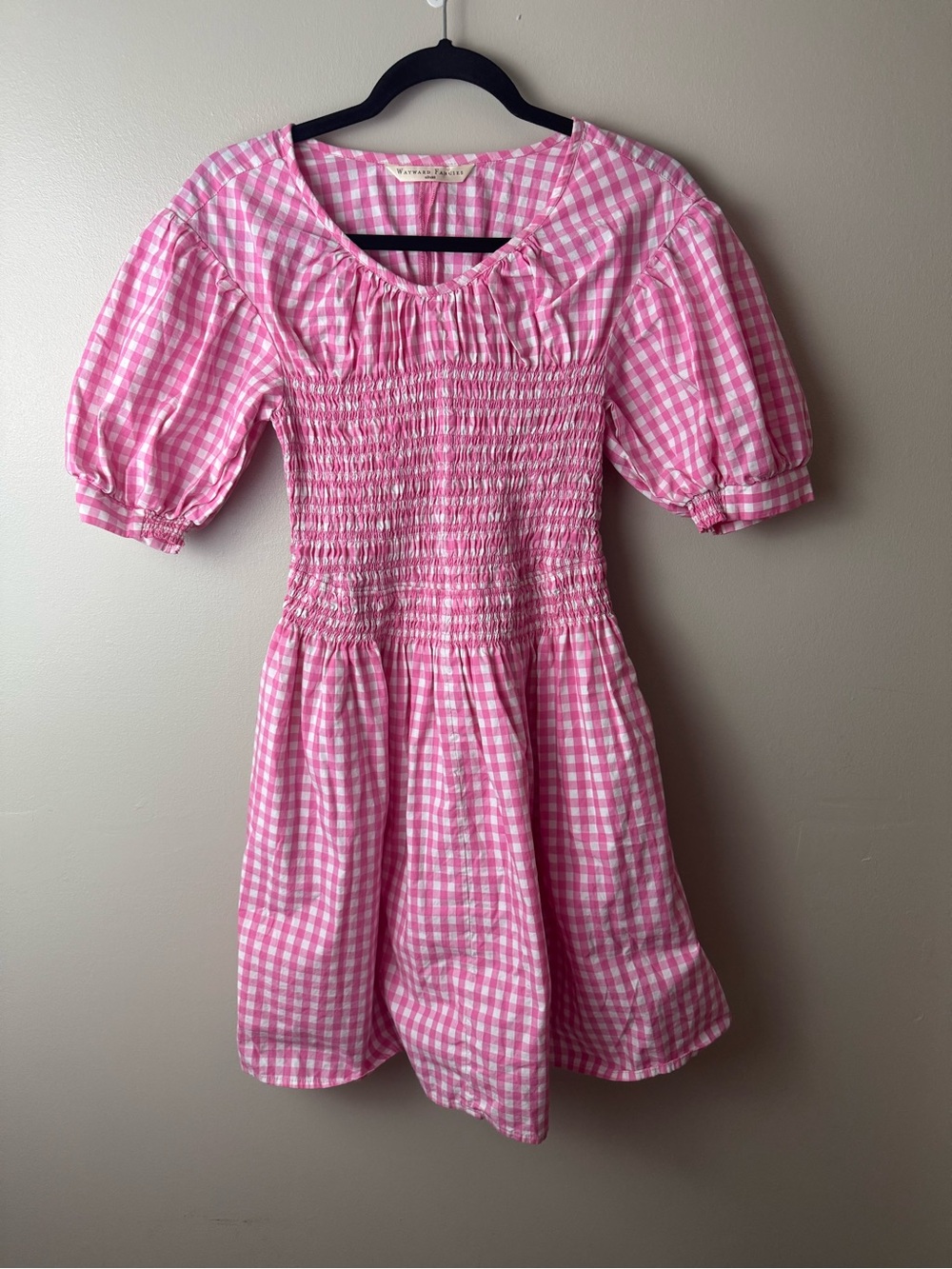 Wayward Fancies Pink Gingham Smocked Puff-Sleeve Mini Dress Small